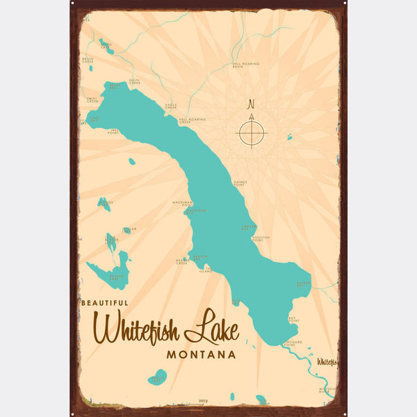 Whitefish Lake Montana, Rustic Metal Sign Map Art