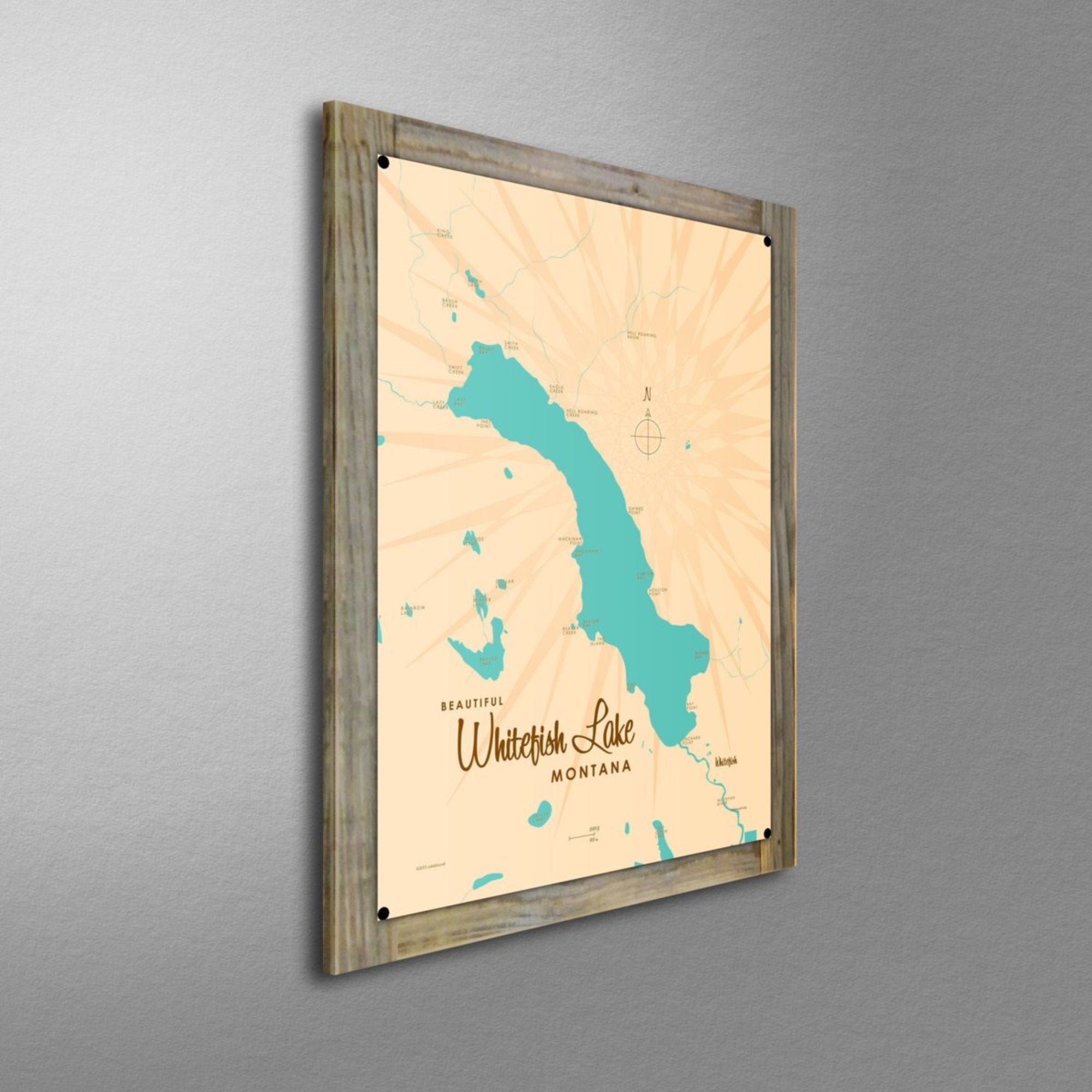 Whitefish Lake Montana, Wood-Mounted Metal Sign Map Art