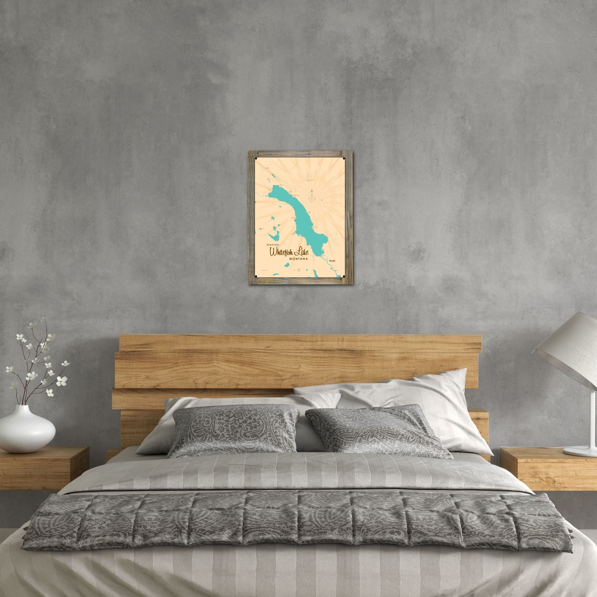 Whitefish Lake Montana, Wood-Mounted Metal Sign Map Art