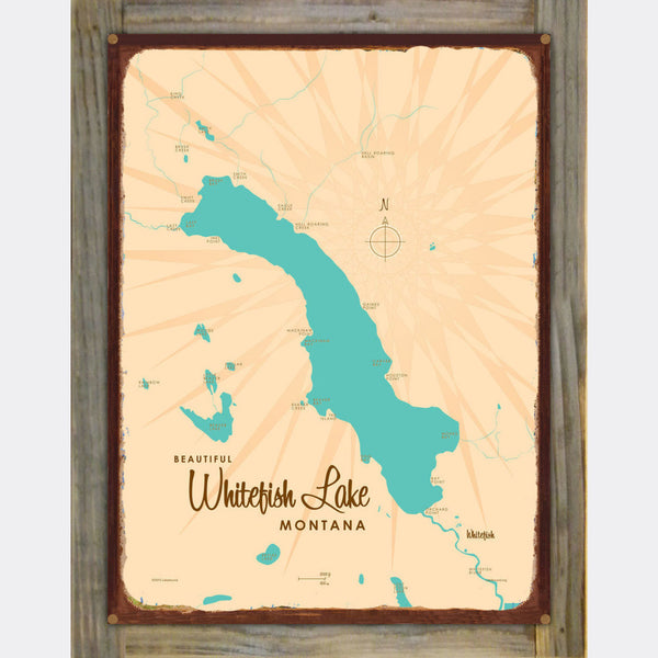 Whitefish Lake Montana, Wood-Mounted Rustic Metal Sign Map Art