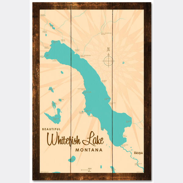 Whitefish Lake Montana, Rustic Wood Sign Map Art