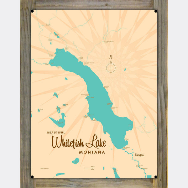 Whitefish Lake Montana, Wood-Mounted Metal Sign Map Art