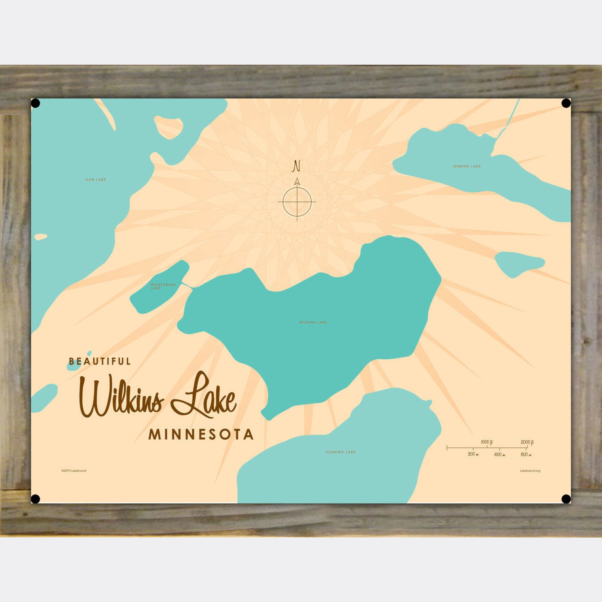 Wilkins Lake Minnesota, Wood-Mounted Metal Sign Map Art