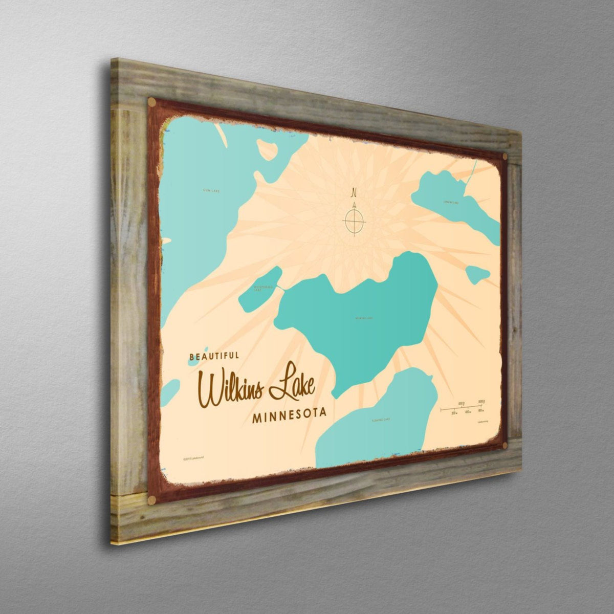 Wilkins Lake Minnesota, WoodMounted Rustic Metal Sign Map Art Lakebound®