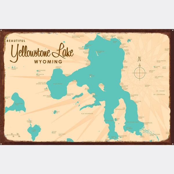 Yellowstone Lake Wyoming, Rustic Metal Sign Map Art