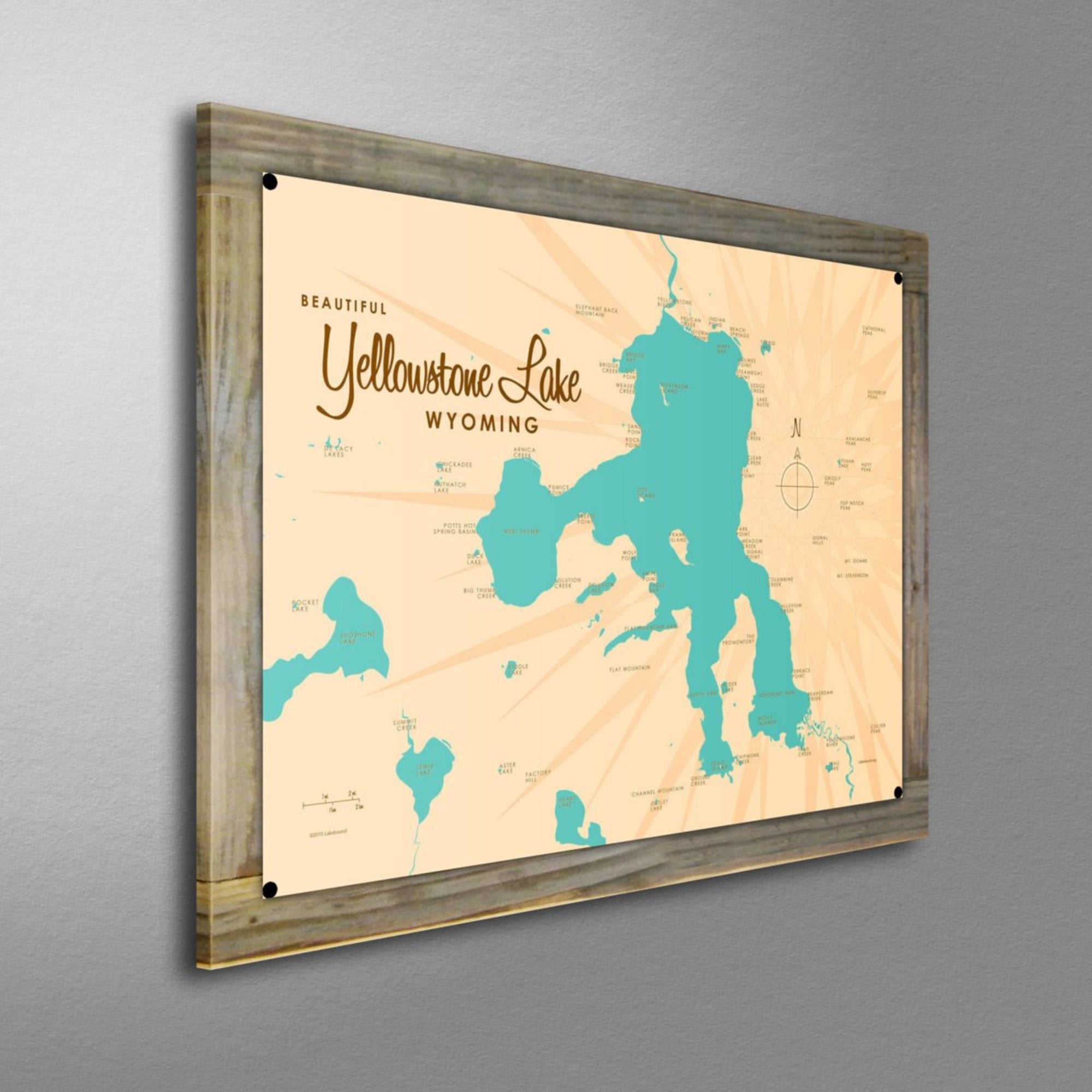 Yellowstone Lake Wyoming, Wood-Mounted Metal Sign Map Art