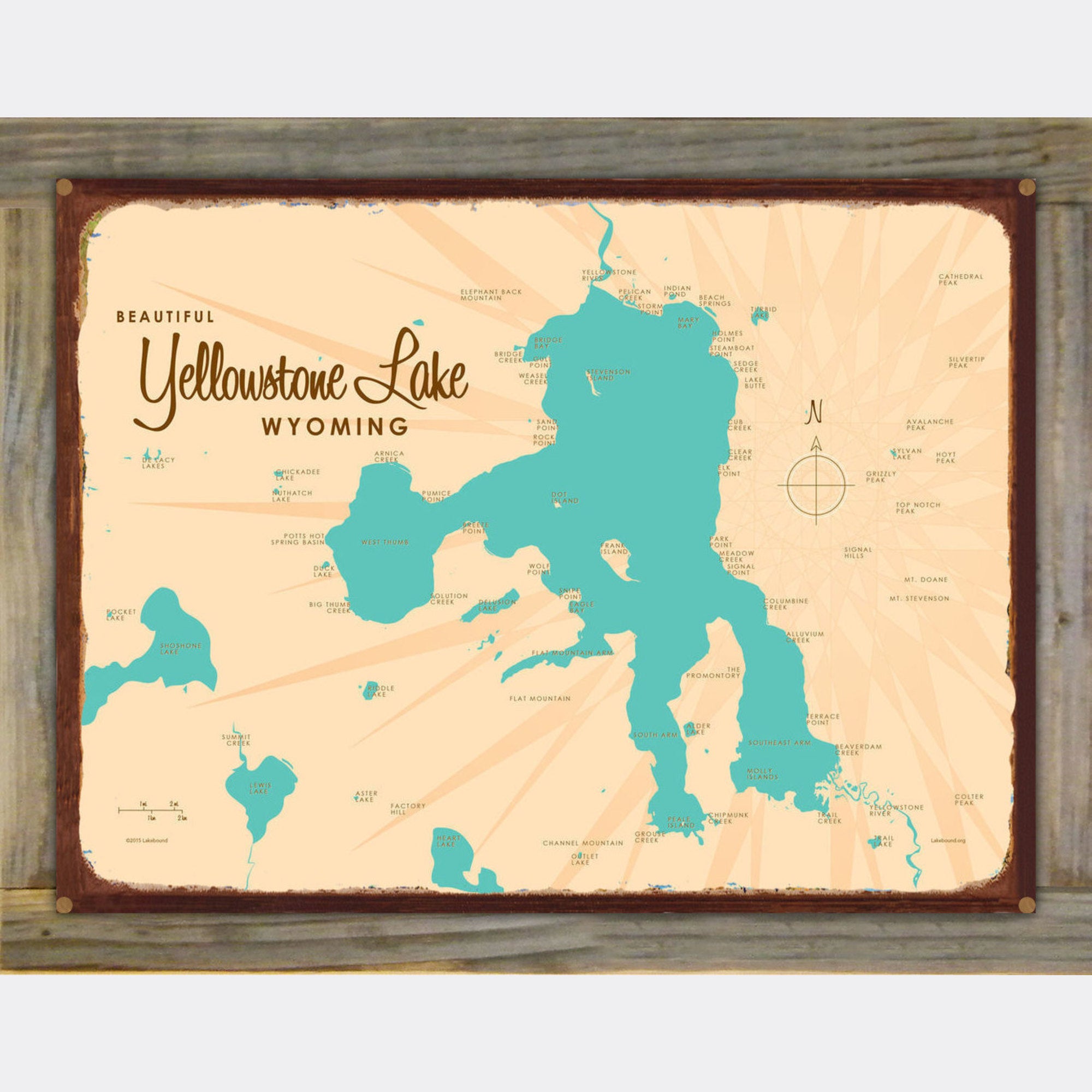 Yellowstone Lake Wyoming, Wood-Mounted Rustic Metal Sign Map Art