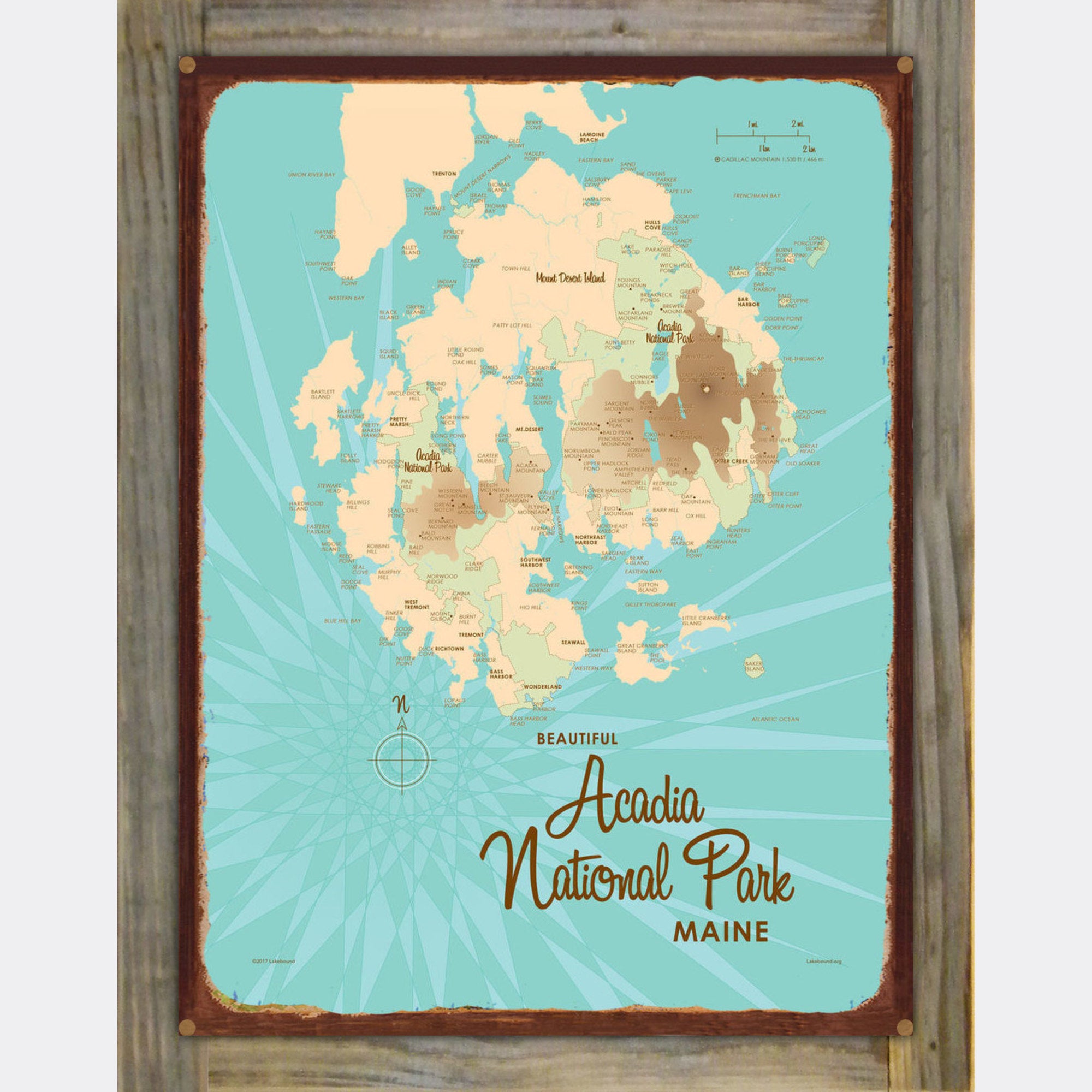Acadia National Park Maine, Wood-Mounted Rustic Metal Sign Map Art