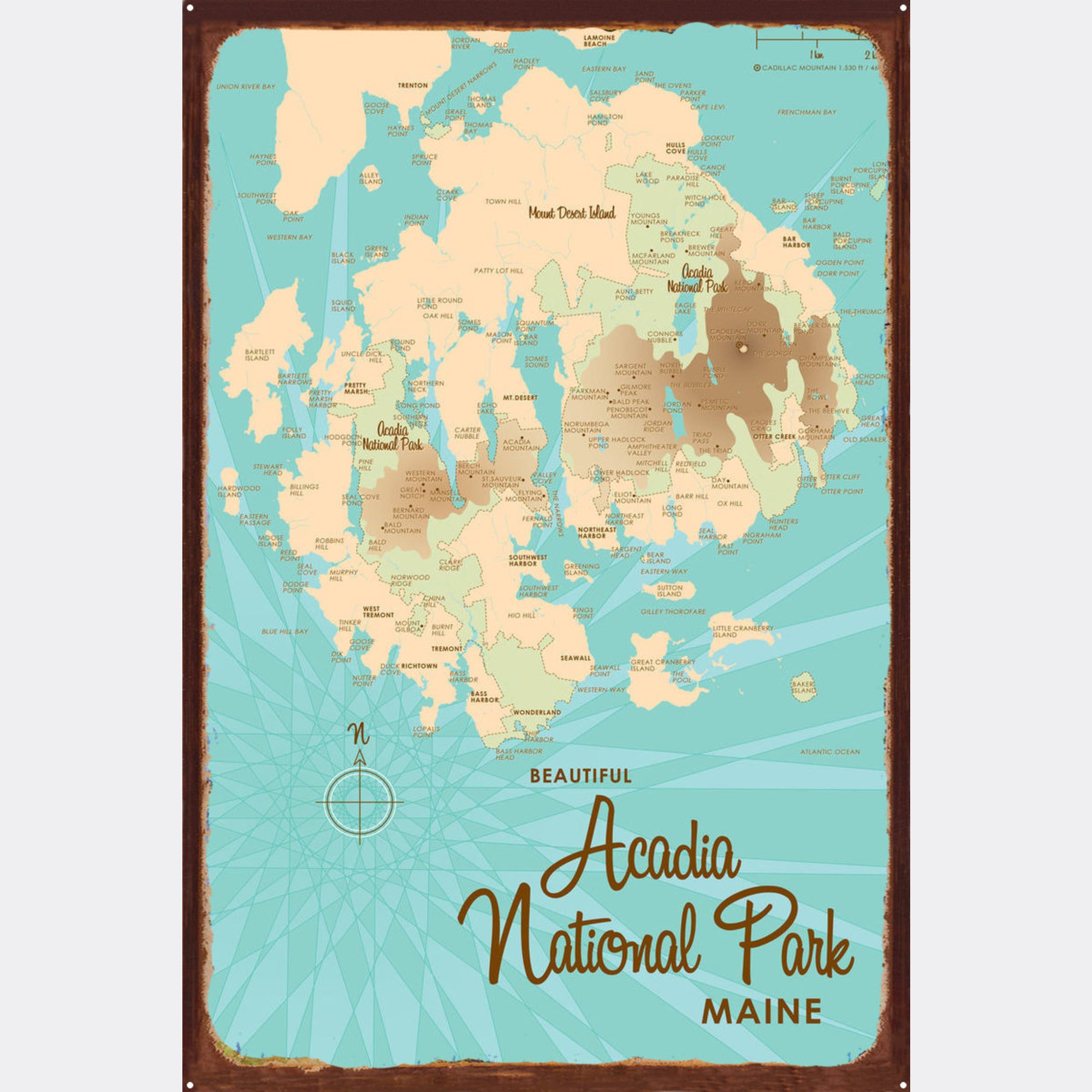 Acadia National Park Maine, Rustic Metal Sign Map Art