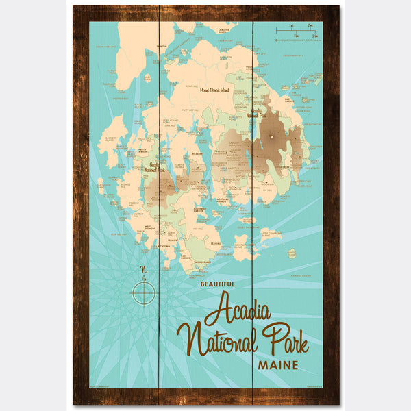Acadia National Park , Rustic Wood Sign Map Art