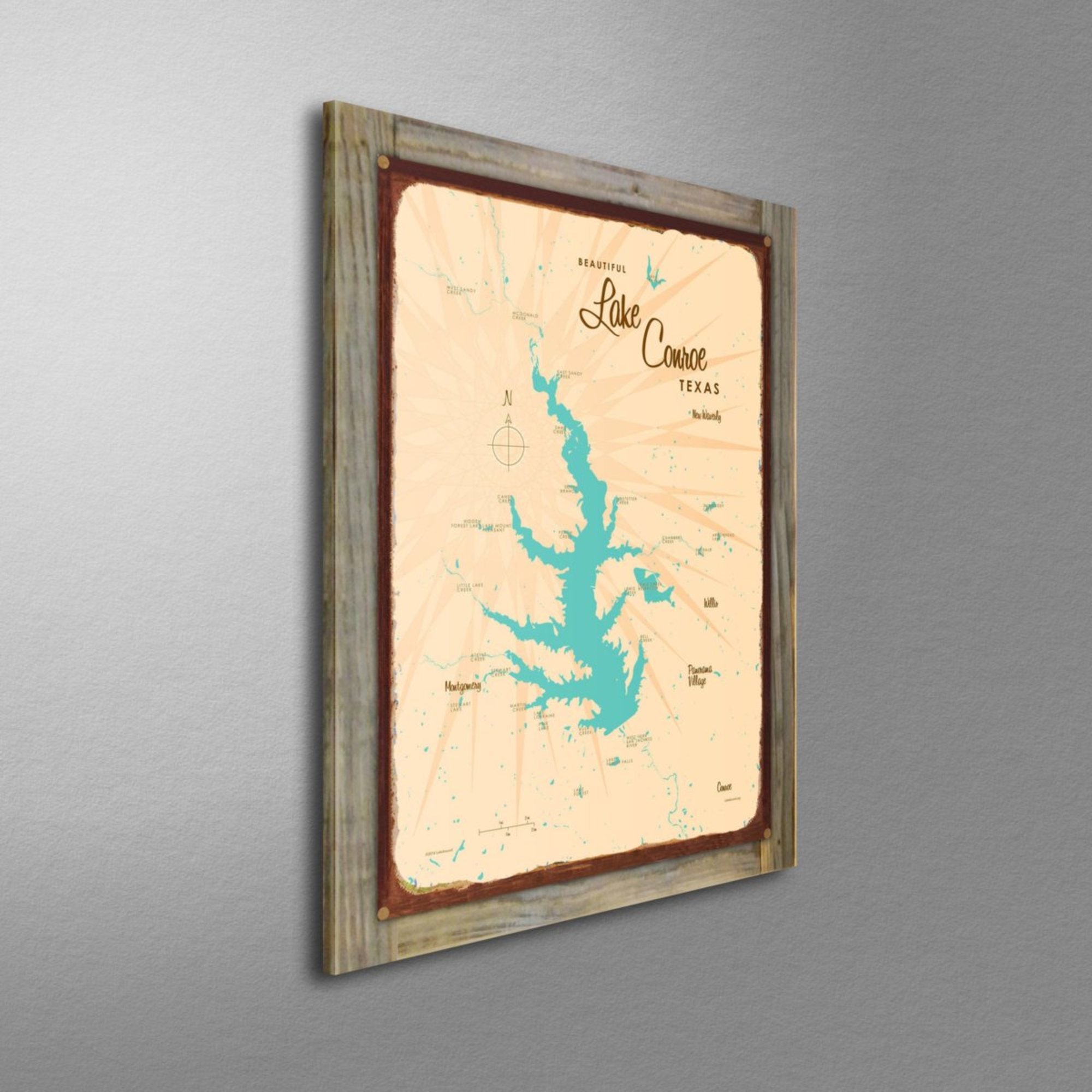 Lake Conroe Texas, Wood-Mounted Rustic Metal Sign Map Art