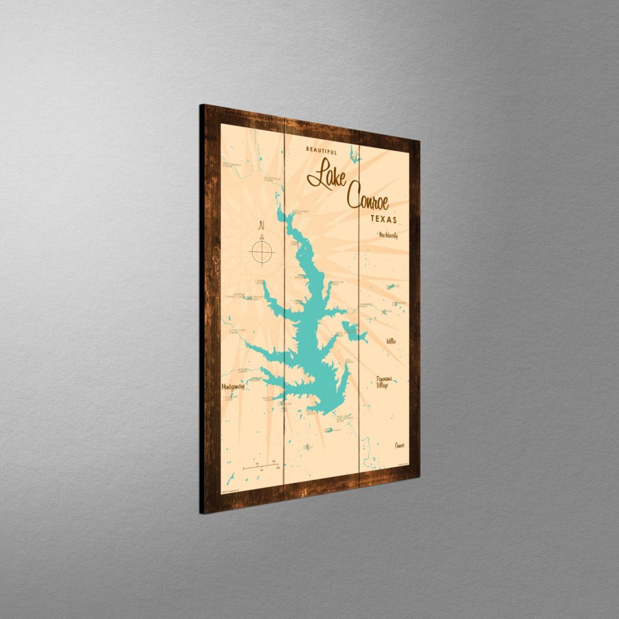 Lake Conroe , Rustic Wood Sign Map Art