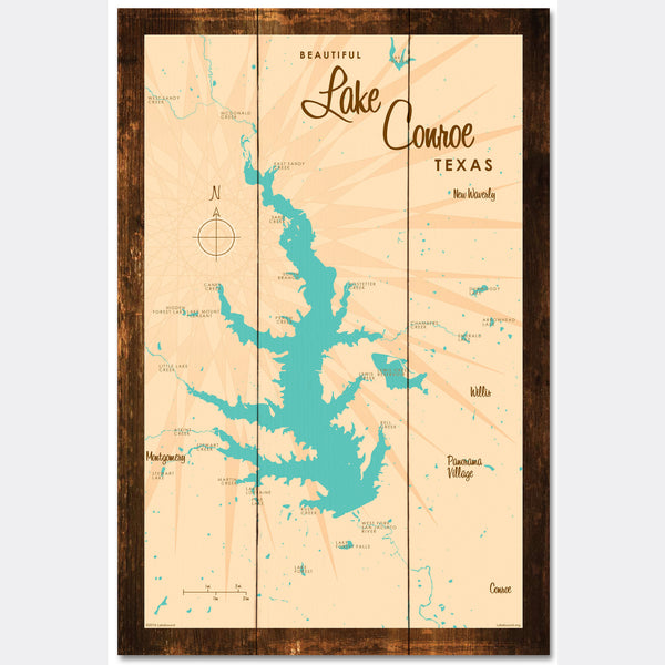 Lake Conroe , Rustic Wood Sign Map Art