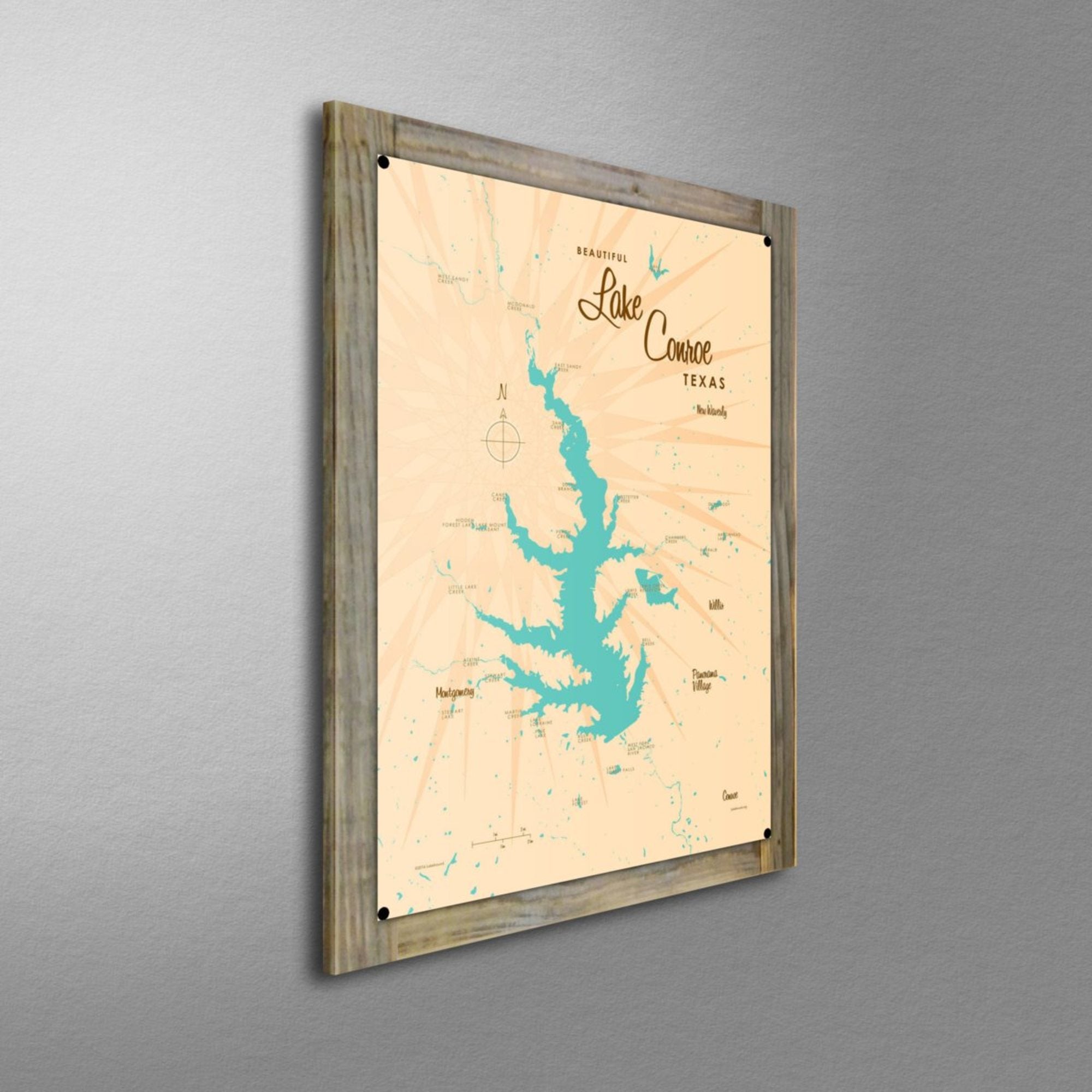 Lake Conroe Texas, Wood-Mounted Metal Sign Map Art