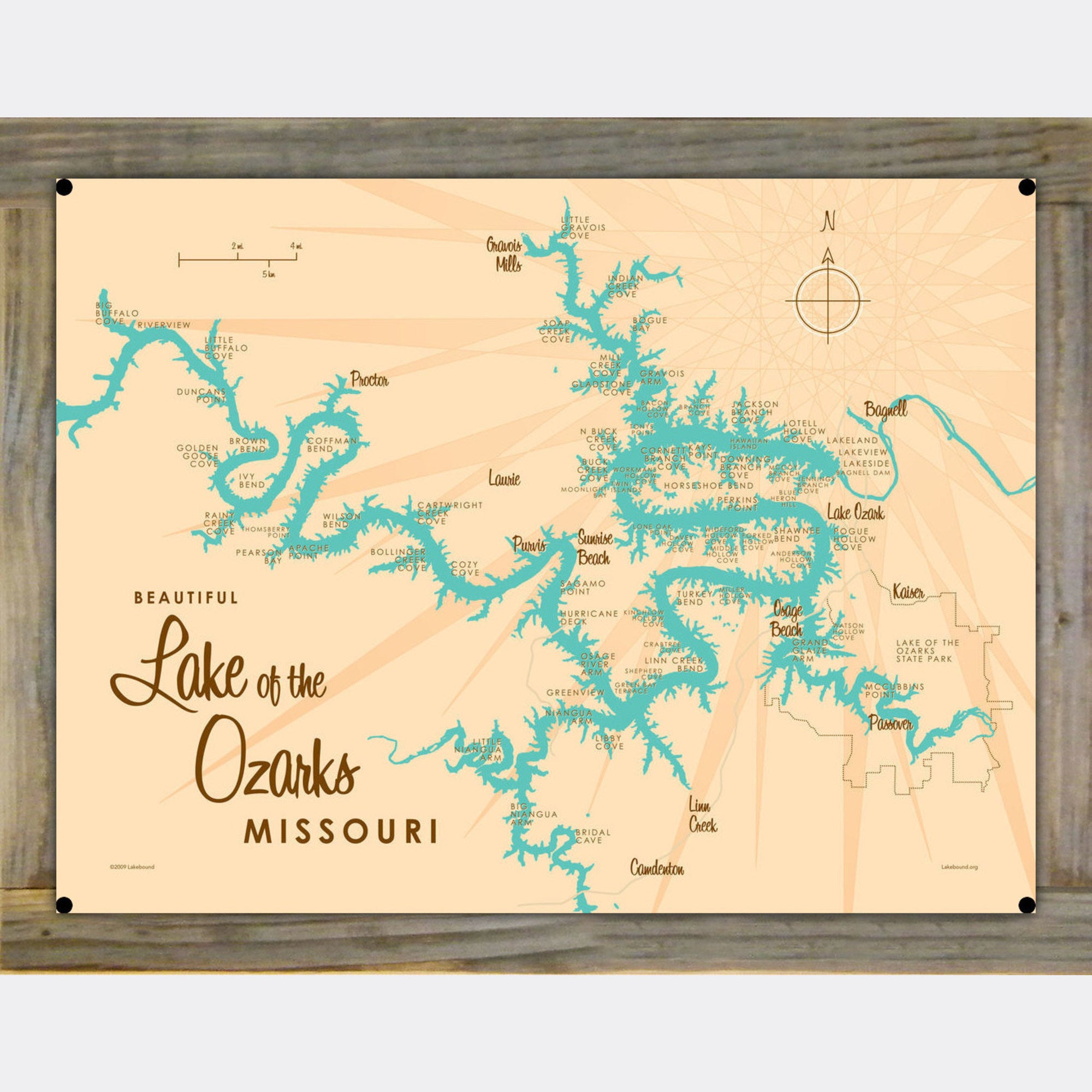 Lake of the Ozarks Missouri (no Mile Markers), Wood-Mounted Metal Sign Map Art