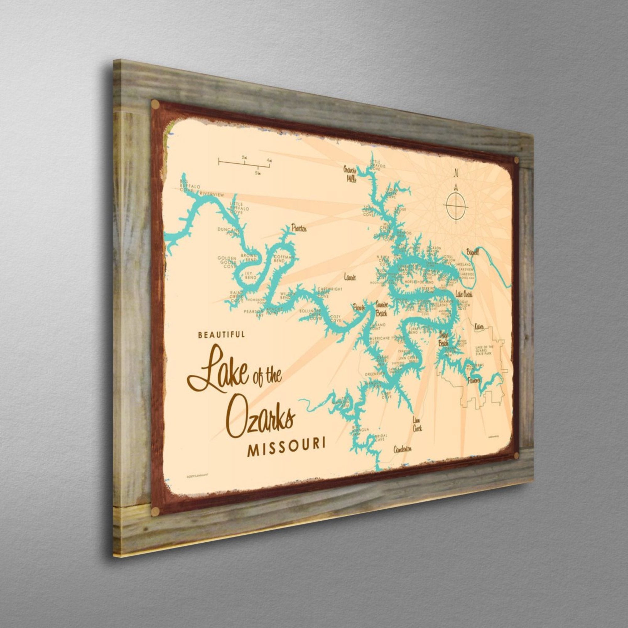 Lake of the Ozarks Missouri (no Mile Markers), Wood-Mounted Rustic Metal Sign Map Art