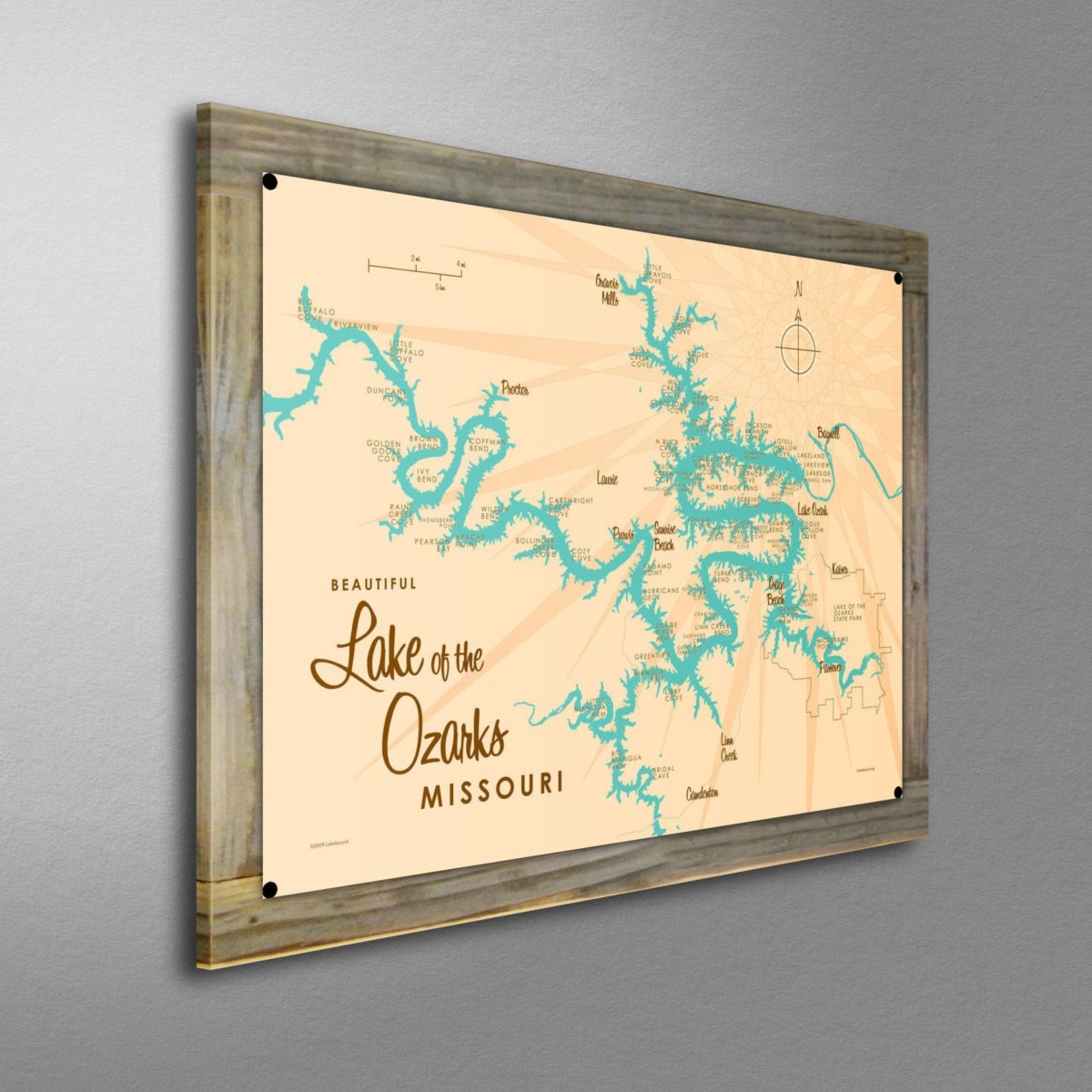 Lake of the Ozarks Missouri (no Mile Markers), Wood-Mounted Metal Sign Map Art