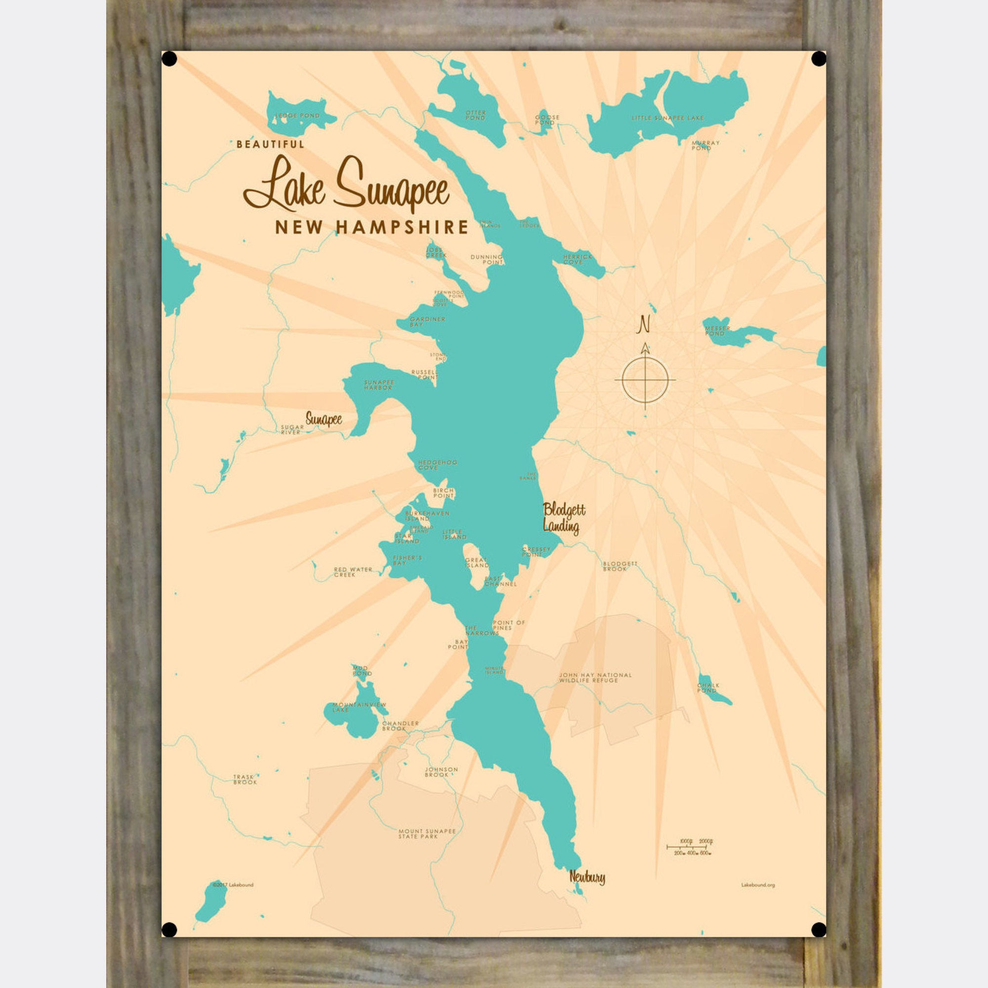 Lake Sunapee New Hampshire, Wood-Mounted Metal Sign Map Art