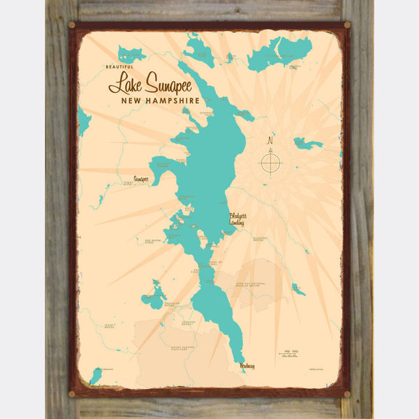 Lake Sunapee New Hampshire, Wood-Mounted Rustic Metal Sign Map Art