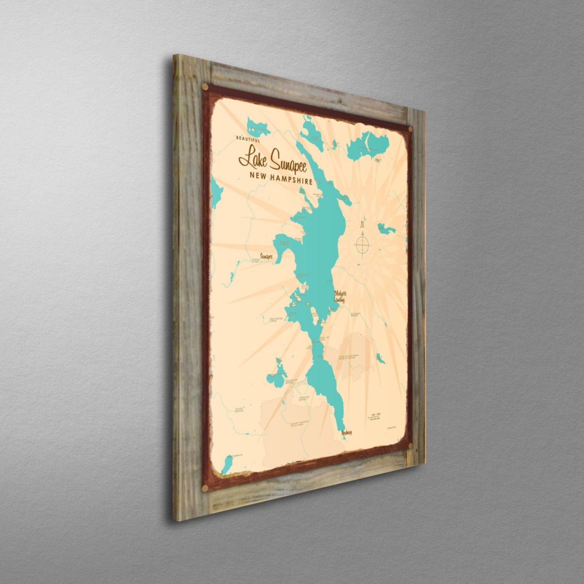 Lake Sunapee New Hampshire, Wood-Mounted Rustic Metal Sign Map Art