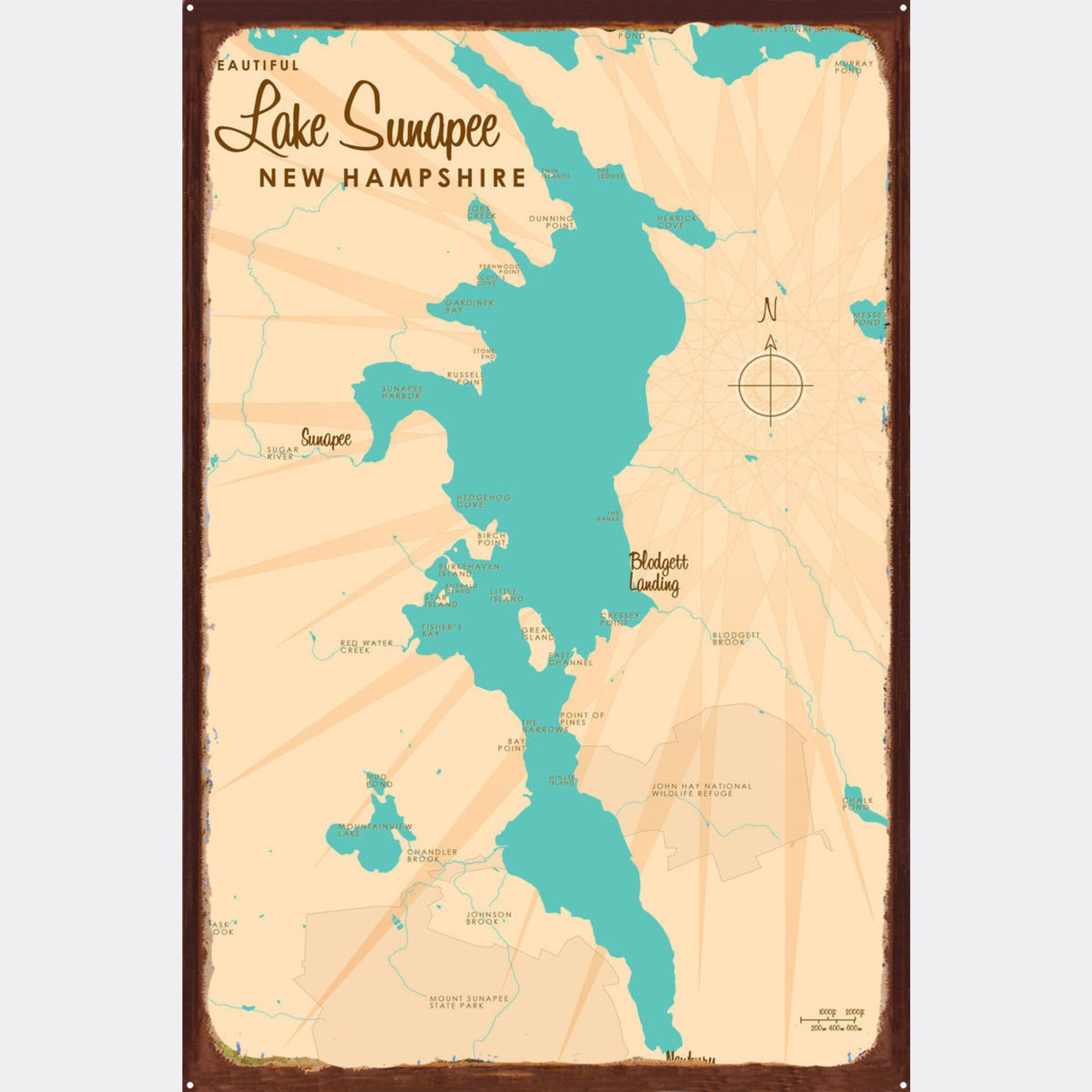 Lake Sunapee New Hampshire, Rustic Metal Sign Map Art