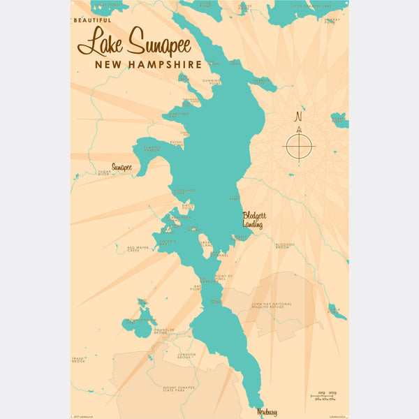 Lake Sunapee New Hampshire, Metal Sign Map Art