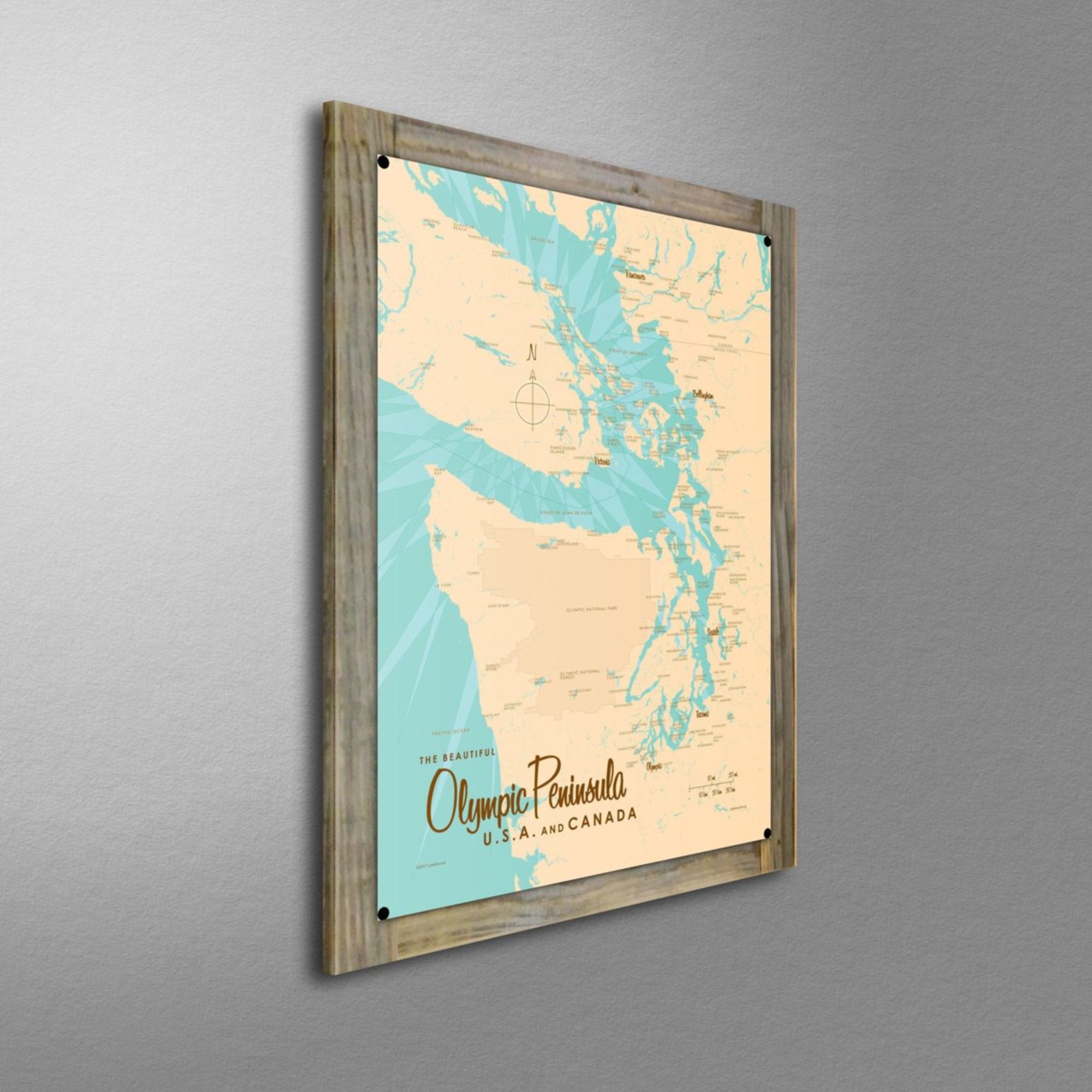 Olympic Peninsula USA Canada, Wood-Mounted Metal Sign Map Art