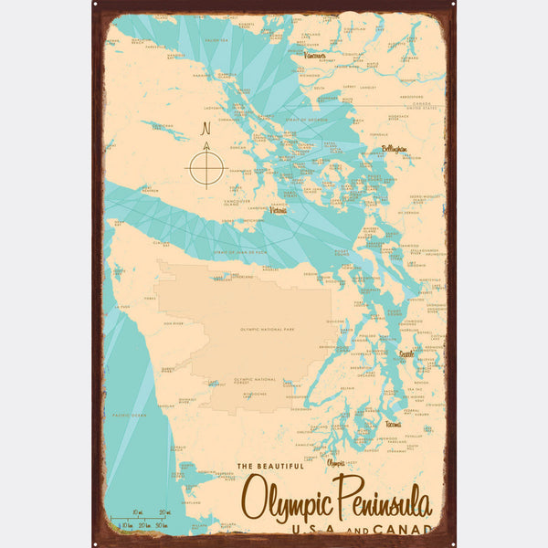 Olympic Peninsula USA Canada, Rustic Metal Sign Map Art