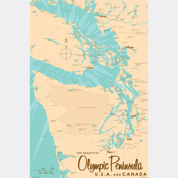 Olympic Peninsula USA Canada, Metal Sign Map Art