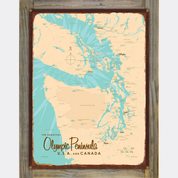 Olympic Peninsula USA Canada, Wood-Mounted Rustic Metal Sign Map Art