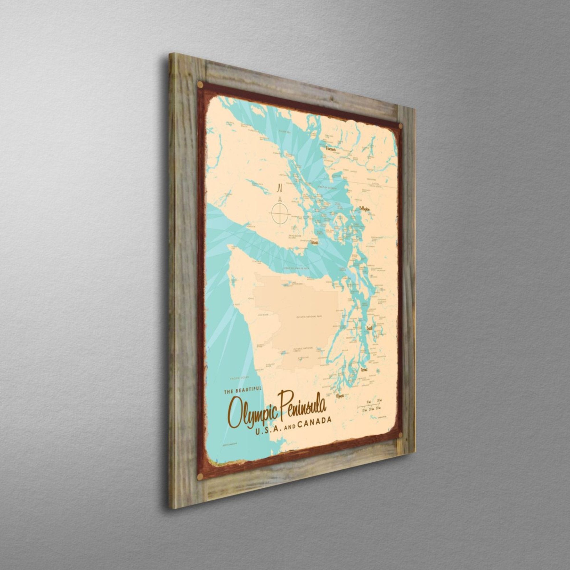 Olympic Peninsula USA Canada, Wood-Mounted Rustic Metal Sign Map Art