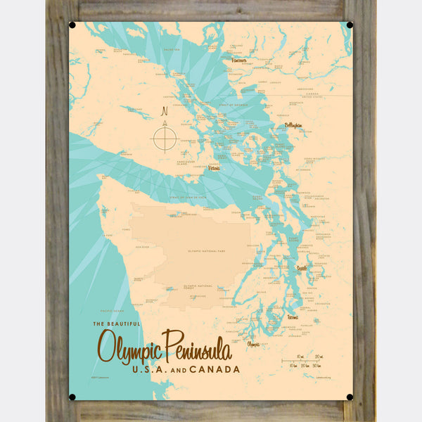 Olympic Peninsula USA Canada, Wood-Mounted Metal Sign Map Art