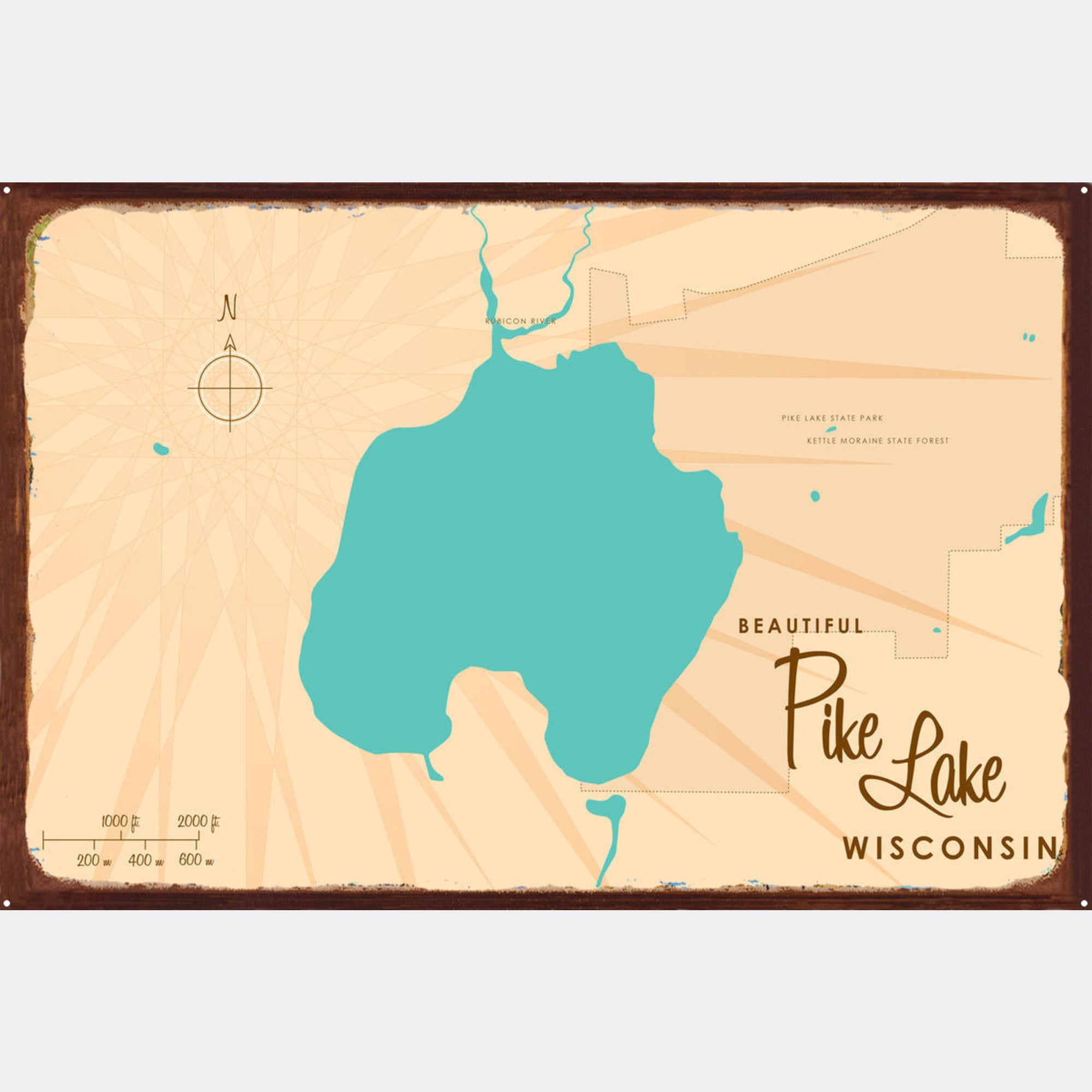 Pike Lake Wisconsin, Rustic Metal Sign Map Art