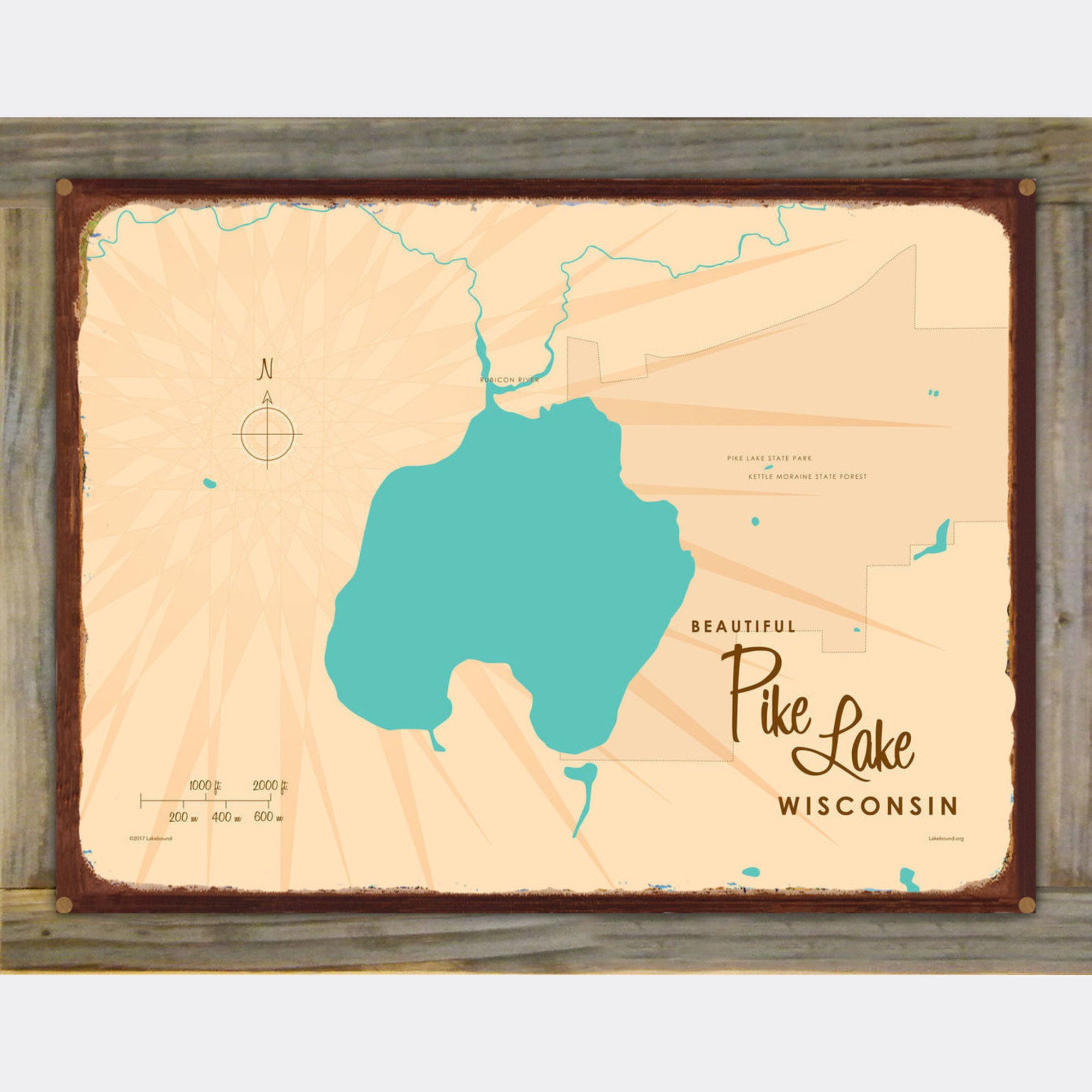 Pike Lake Wisconsin, Wood-Mounted Rustic Metal Sign Map Art