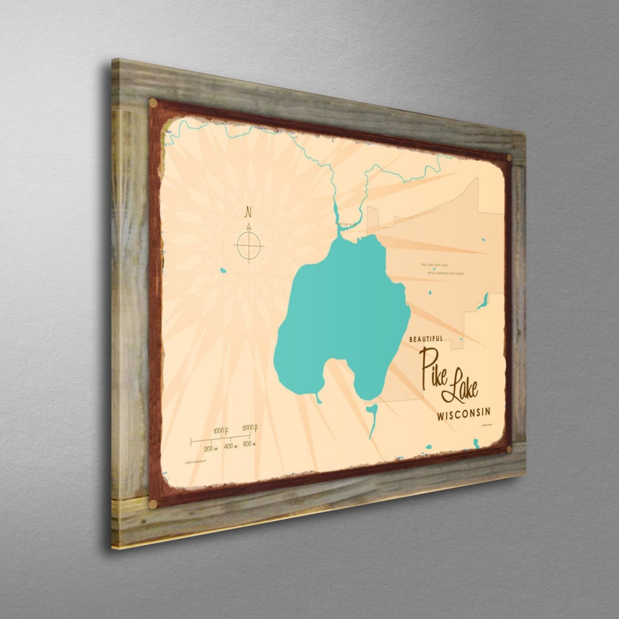 Pike Lake Wisconsin, Wood-Mounted Rustic Metal Sign Map Art