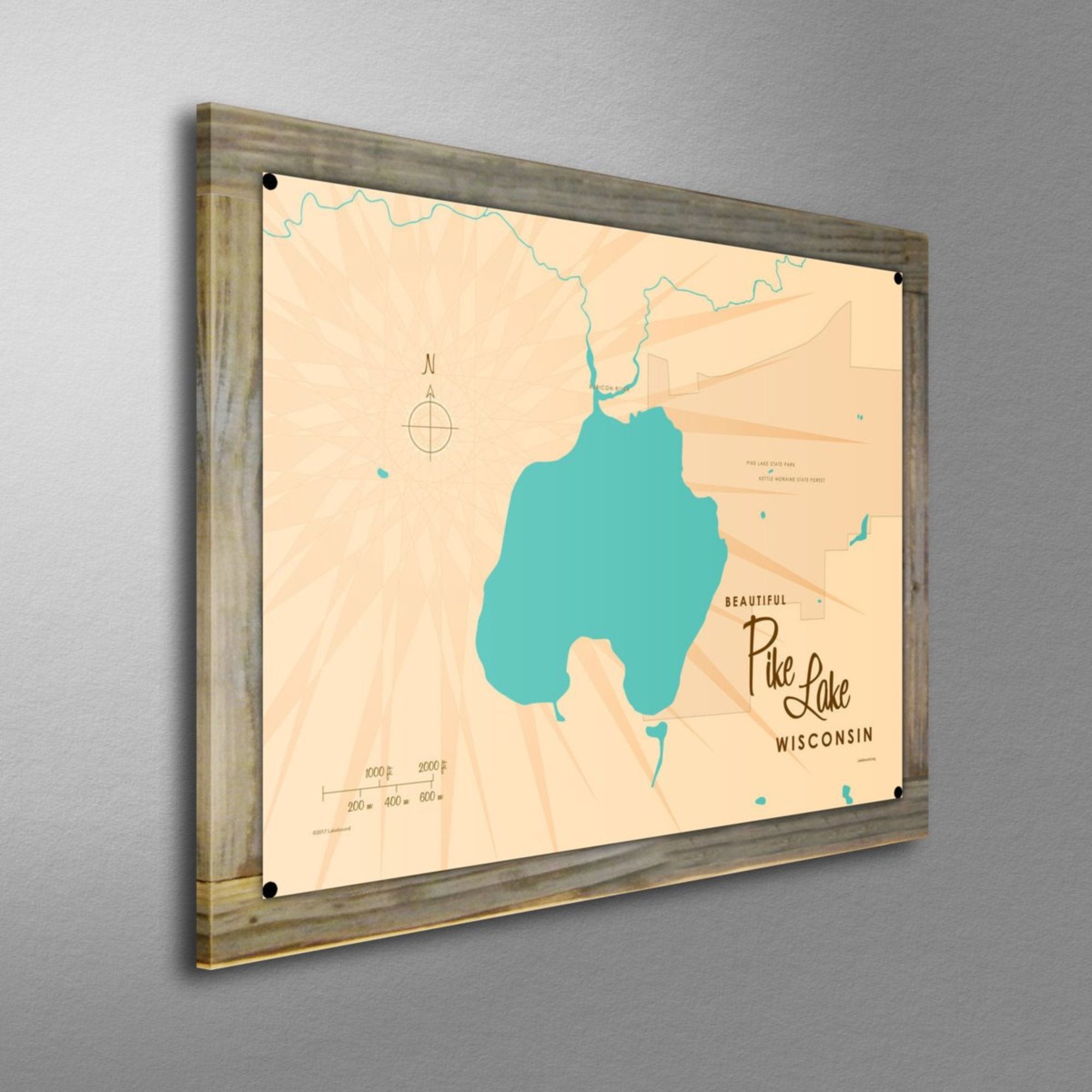 Pike Lake Wisconsin, Wood-Mounted Metal Sign Map Art