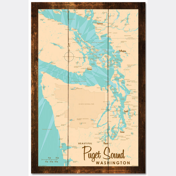 Puget Sound Washington, Rustic Wood Sign Map Art