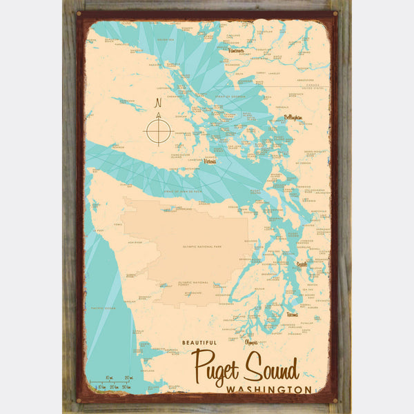 Puget Sound Washington, Wood-Mounted Rustic Metal Sign Map Art