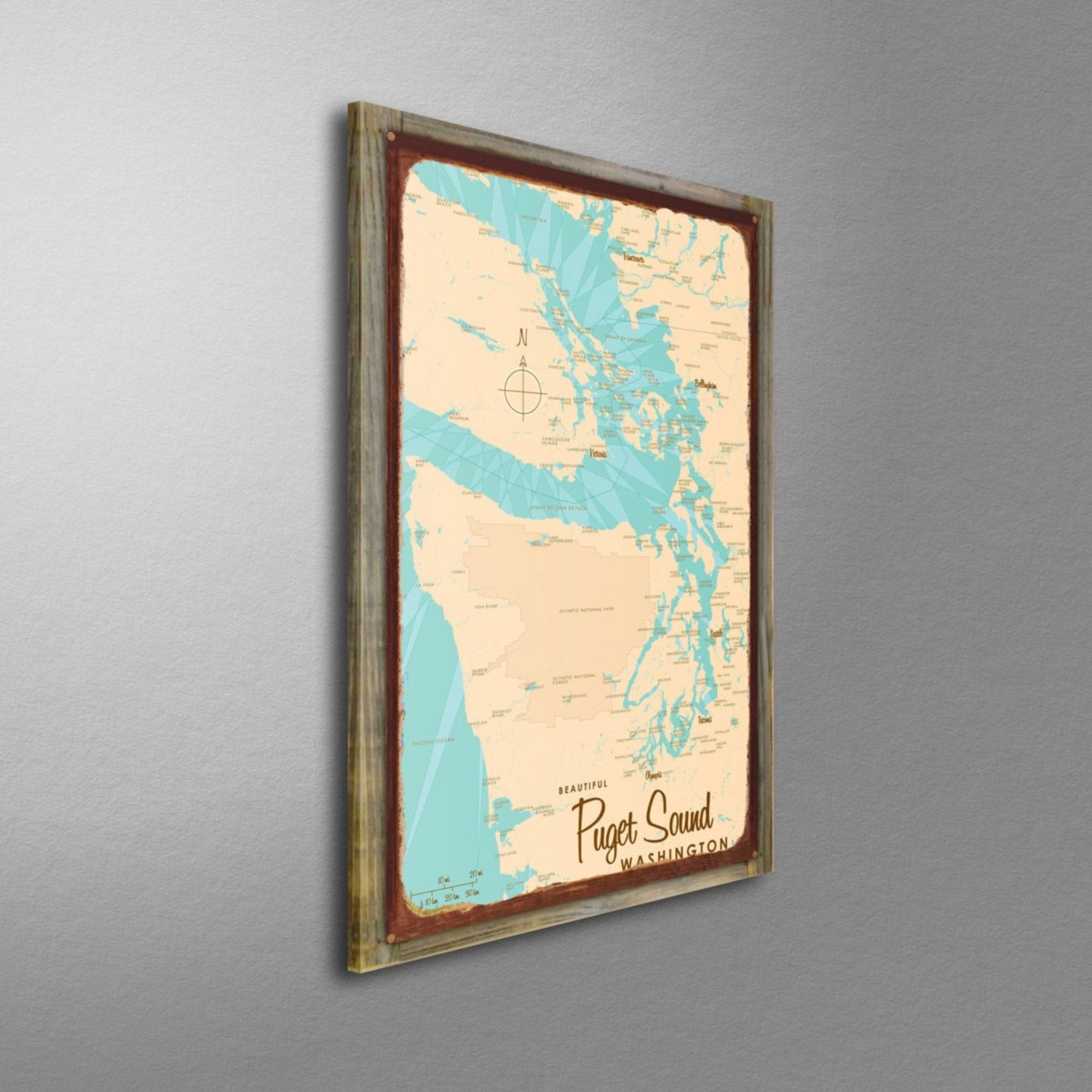 Puget Sound Washington, Wood-Mounted Rustic Metal Sign Map Art