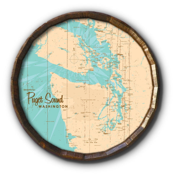 Puget Sound Washington, Rustic Barrel End Map Art