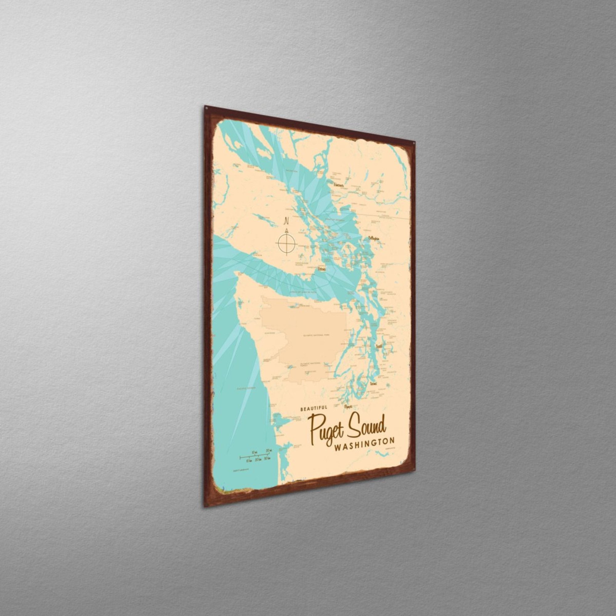Puget Sound Washington, Rustic Metal Sign Map Art