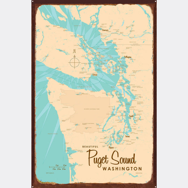 Puget Sound Washington, Rustic Metal Sign Map Art