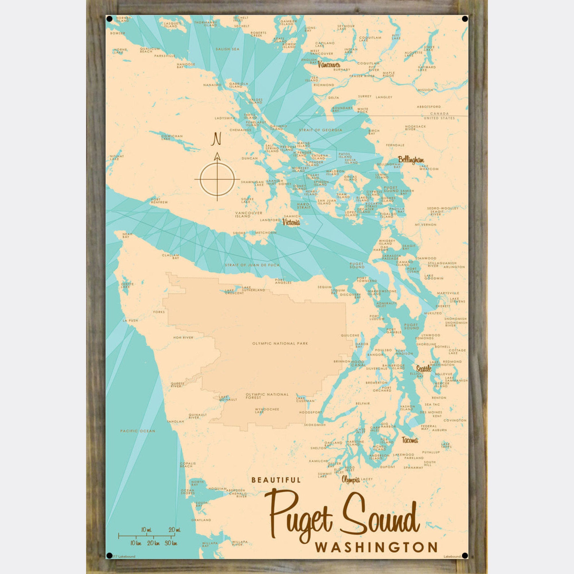 Puget Sound Washington, Wood-Mounted Metal Sign Map Art