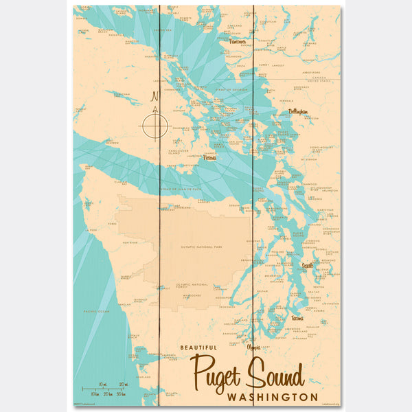 Puget Sound Washington, Wood Sign Map Art