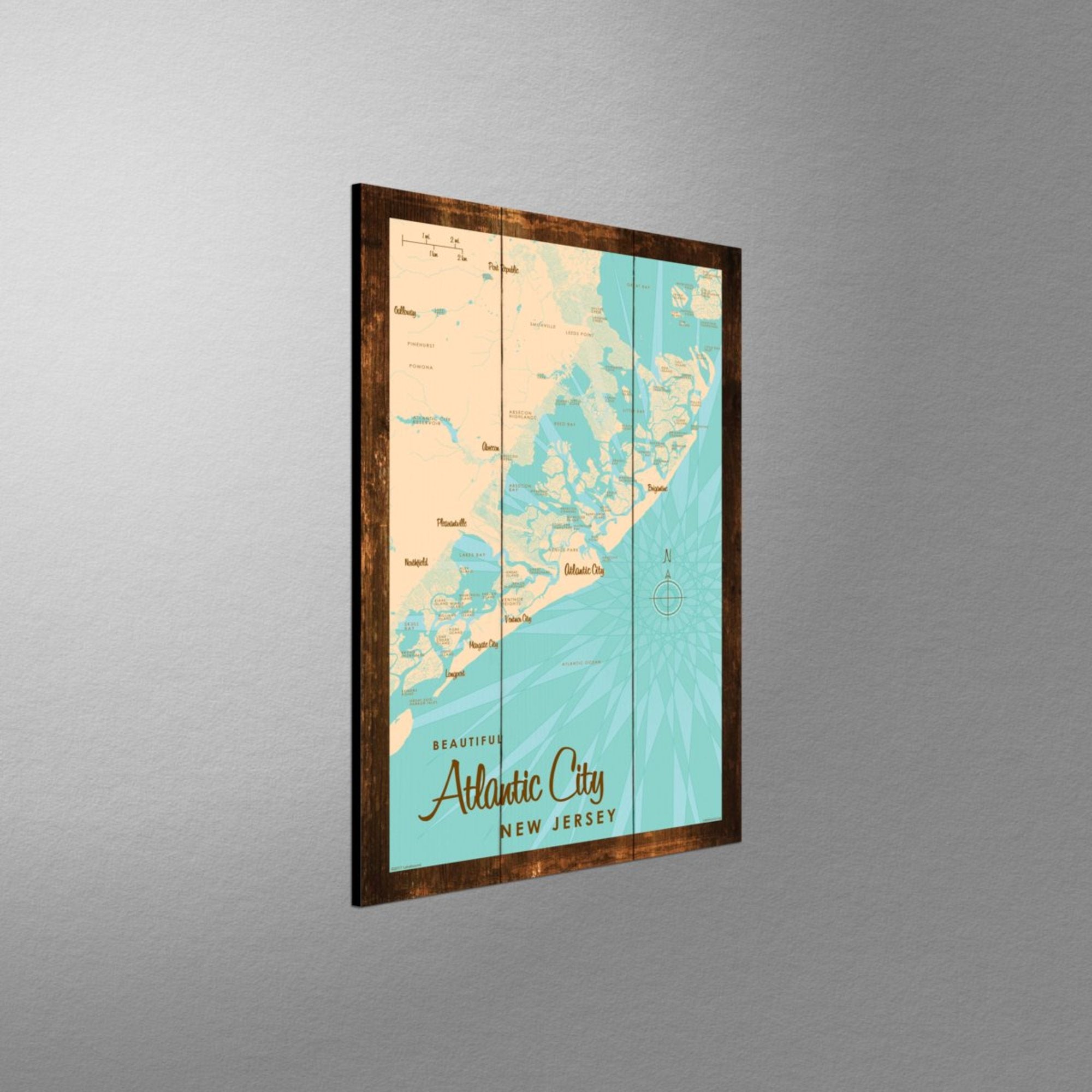 Atlantic City New Jersey, Rustic Wood Sign Map Art