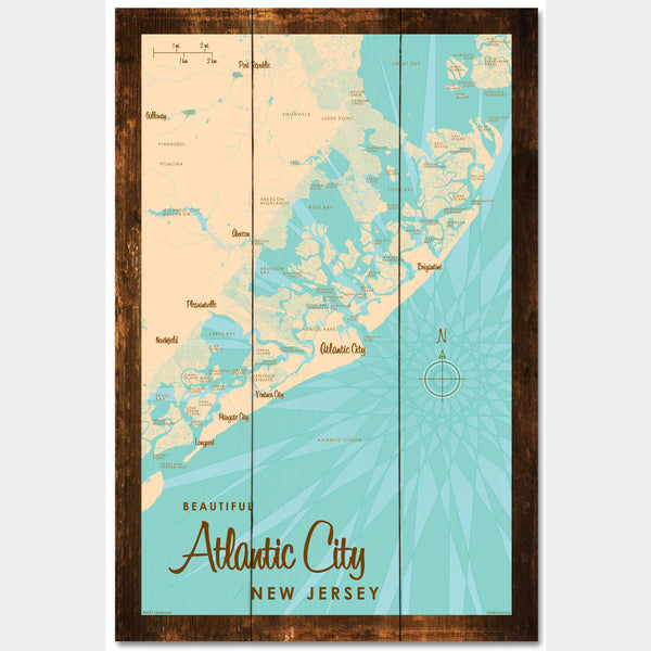Atlantic City New Jersey, Rustic Wood Sign Map Art