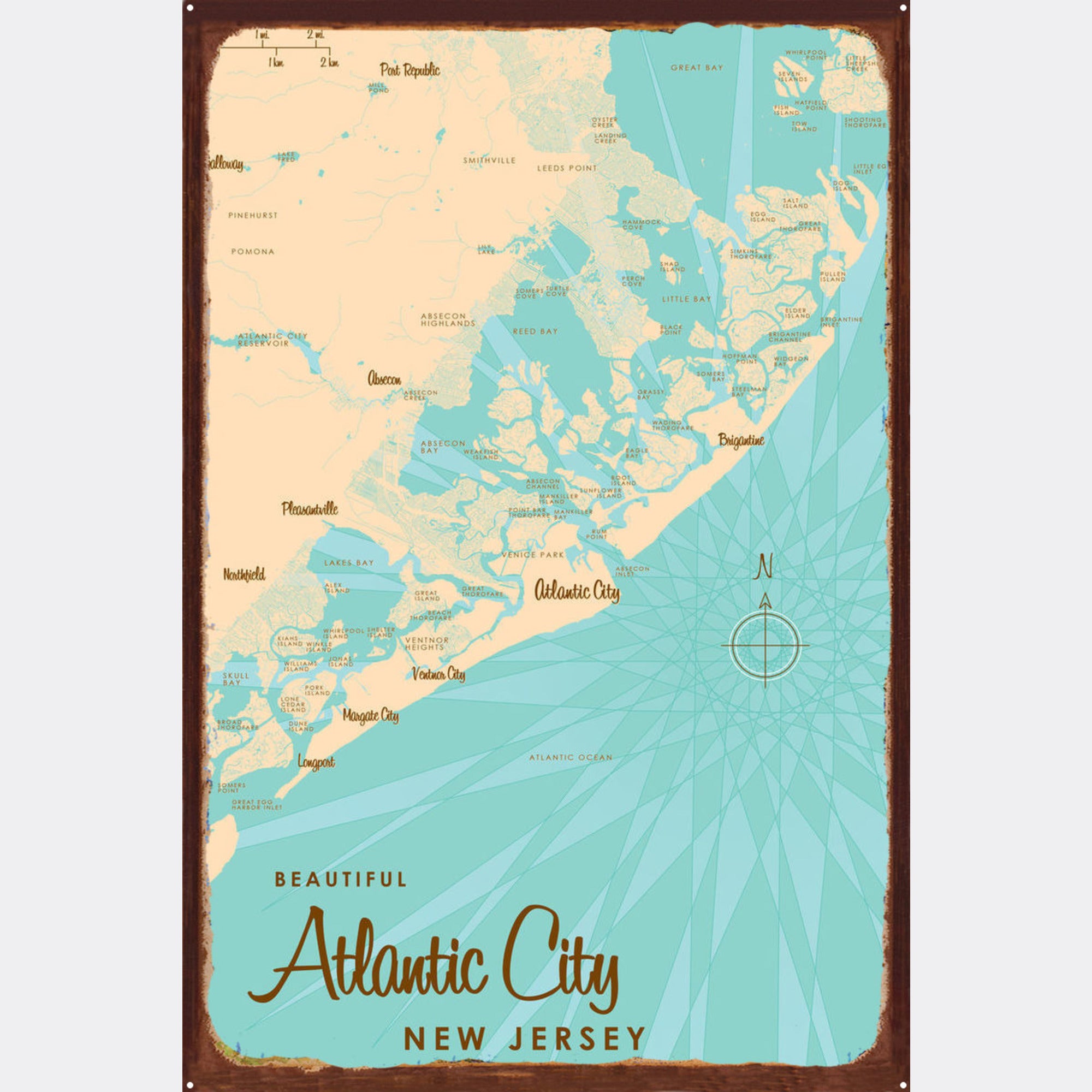 Atlantic City New Jersey, Rustic Metal Sign Map Art