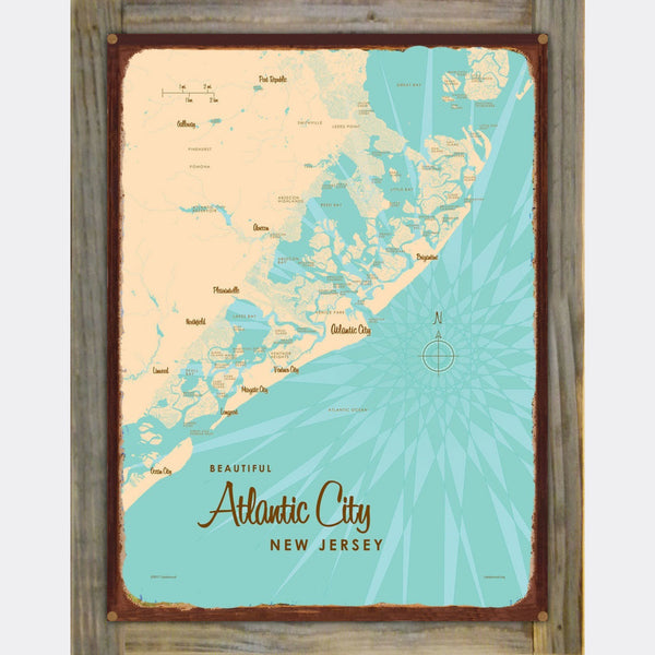 Atlantic City New Jersey, Wood-Mounted Rustic Metal Sign Map Art
