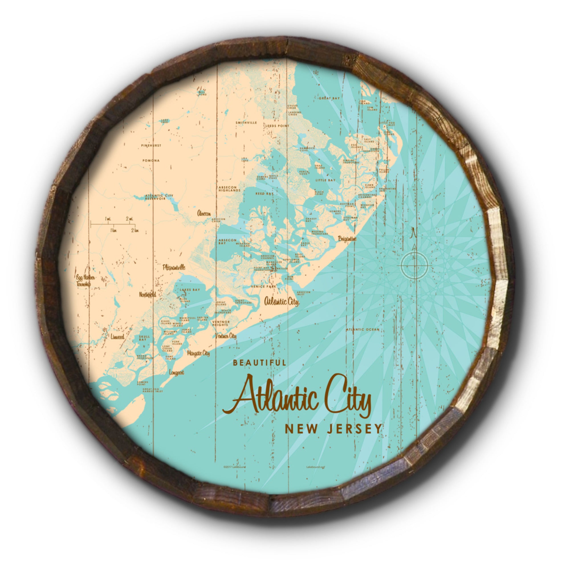 Atlantic City New Jersey, Rustic Barrel End Map Art