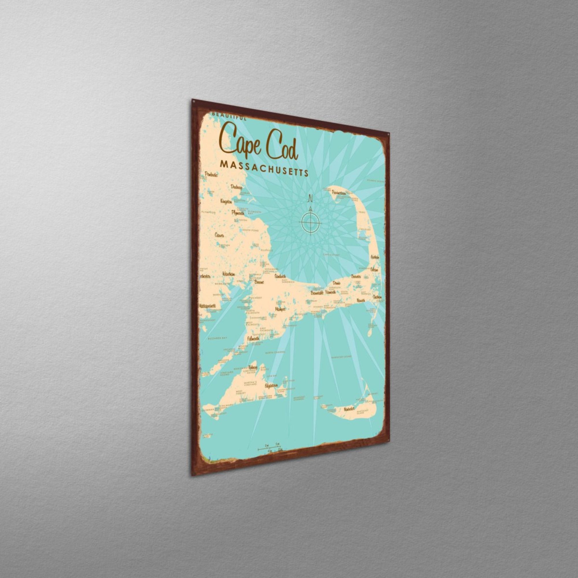 Cape Cod Massachusetts, Rustic Metal Sign Map Art